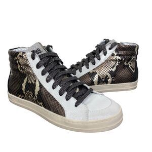 New P448 Skate Snakeskin Print Leather High Top Sneaker Glitter Laces Sz 35/US 5